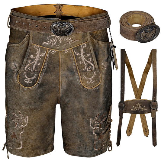 Men’s Antiqued Suede Lederhosen Shorts with Belt & Suspenders