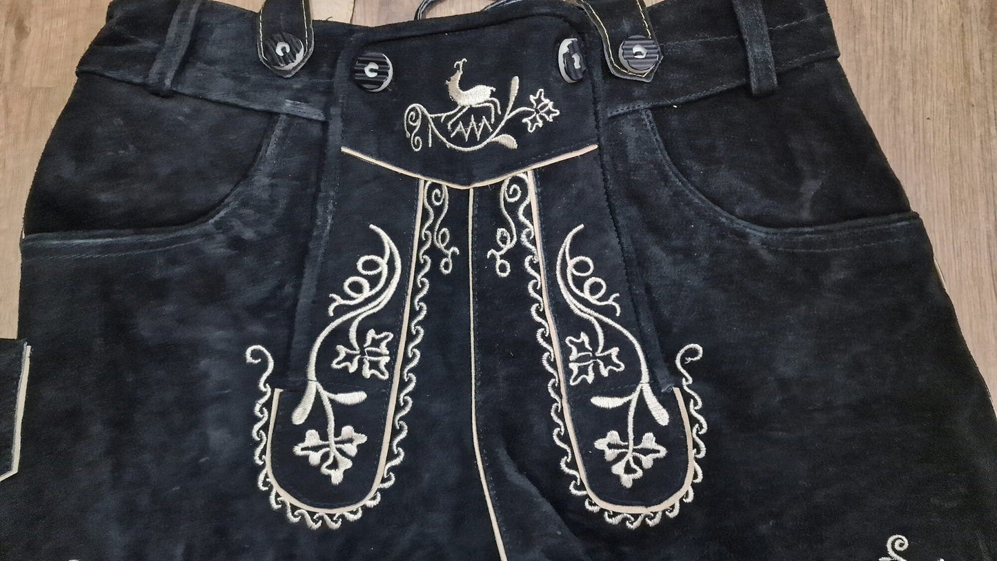 Men's Black Lederhosen | Genuine Bavarian Cowhide Leather with Matching Suspenders