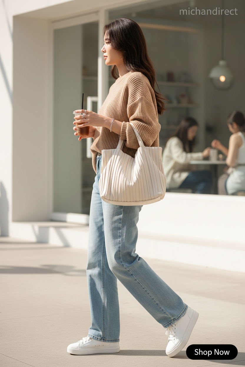 Women's Korean Style Pleated Tote | Large Shoulder Bag