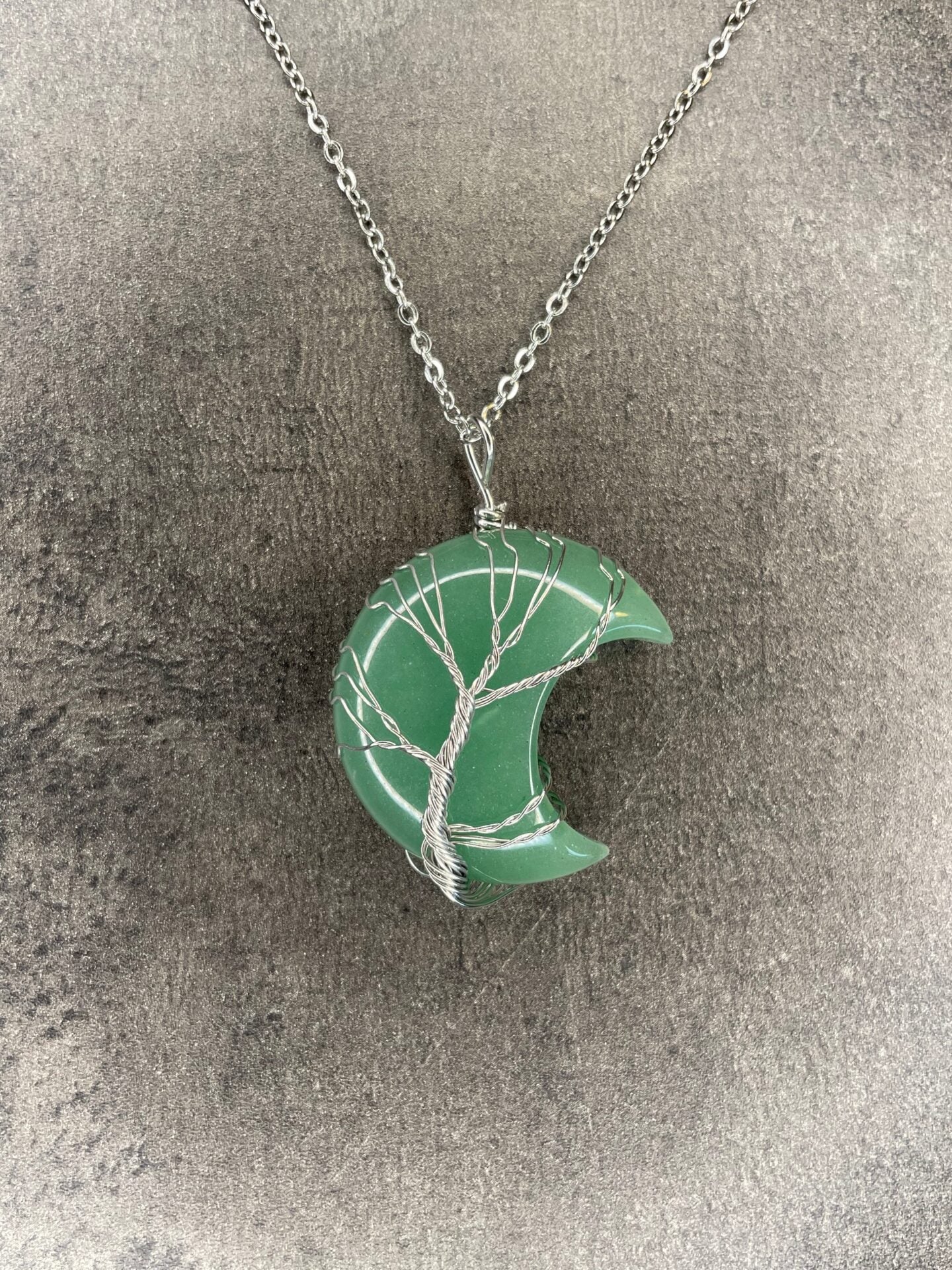 Green Aventurine Moon Pendant Necklace – Silver Tree of Life Wire Wrap Crystal Jewellery