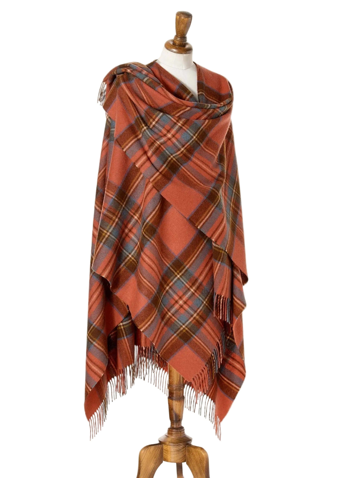 Antique Royal Stewart Tartan Ruana – 100% Merino Wool Scottish Cape Shawl Wrap, Luxury Heritage Plaid