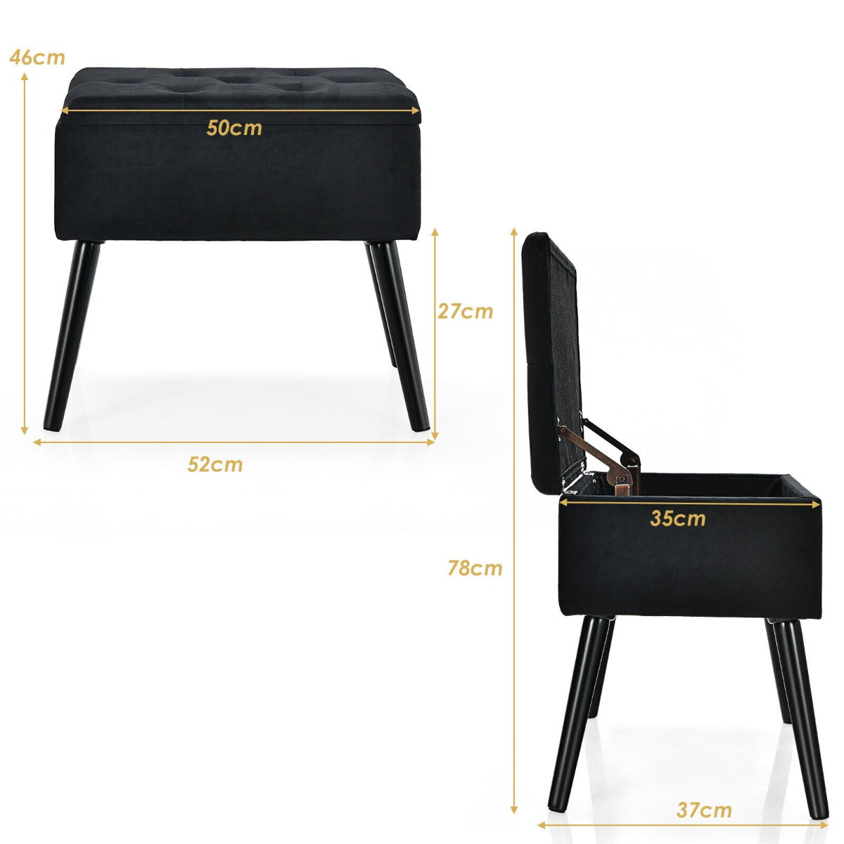 Modern Upholstered Flip Top Velvet Storage Ottoman Footrest-Black