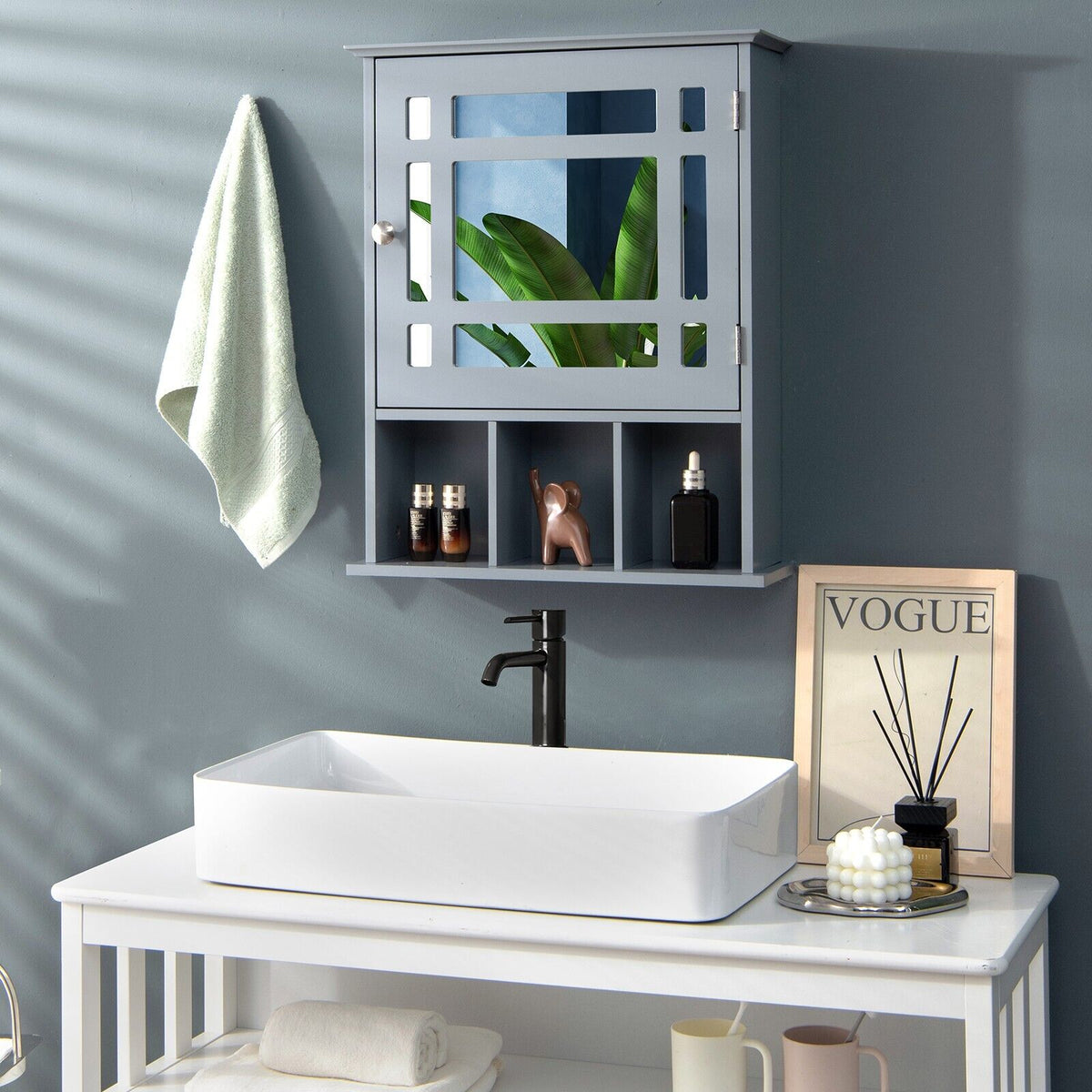 Mirror Door Cabinet with Adjustable Shelf and 3 Compartments-Black