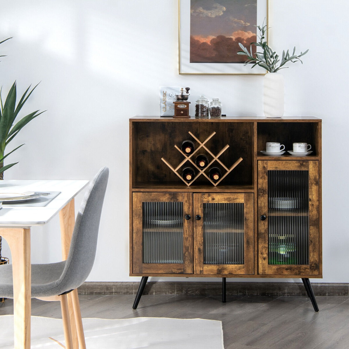 Industrial Wooden Kitchen Storage Cabinet with Tempered Glass Doors-Brown