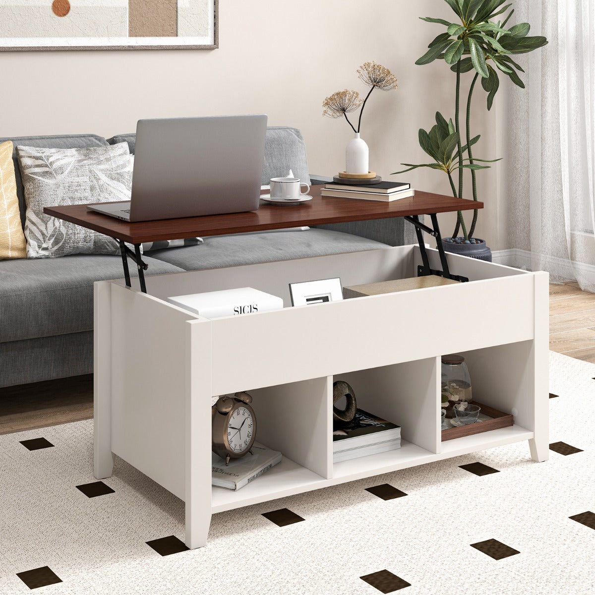 Rising Center Table with Lift Top Hidden Compartment-Black