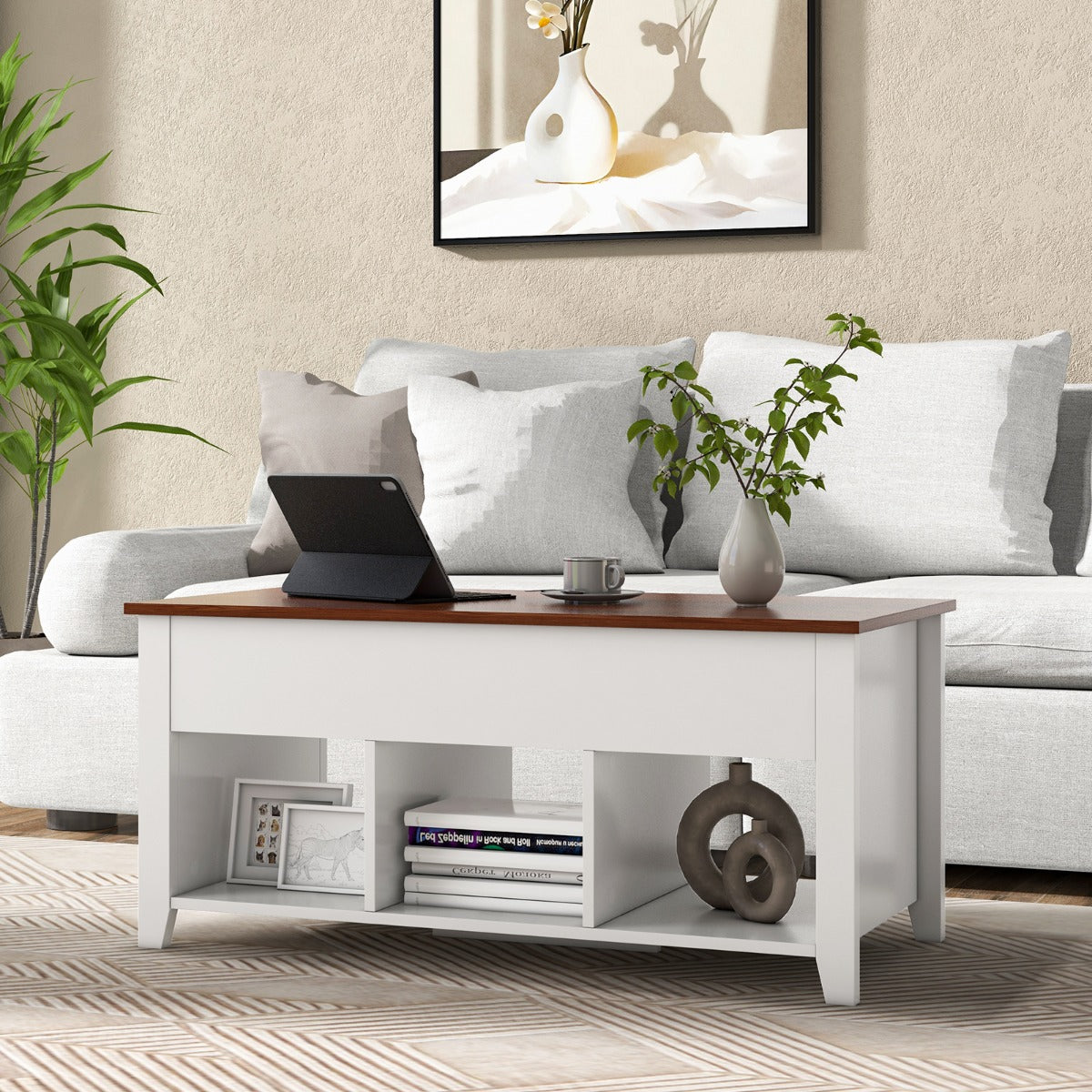 Rising Center Table with Lift Top Hidden Compartment-Black