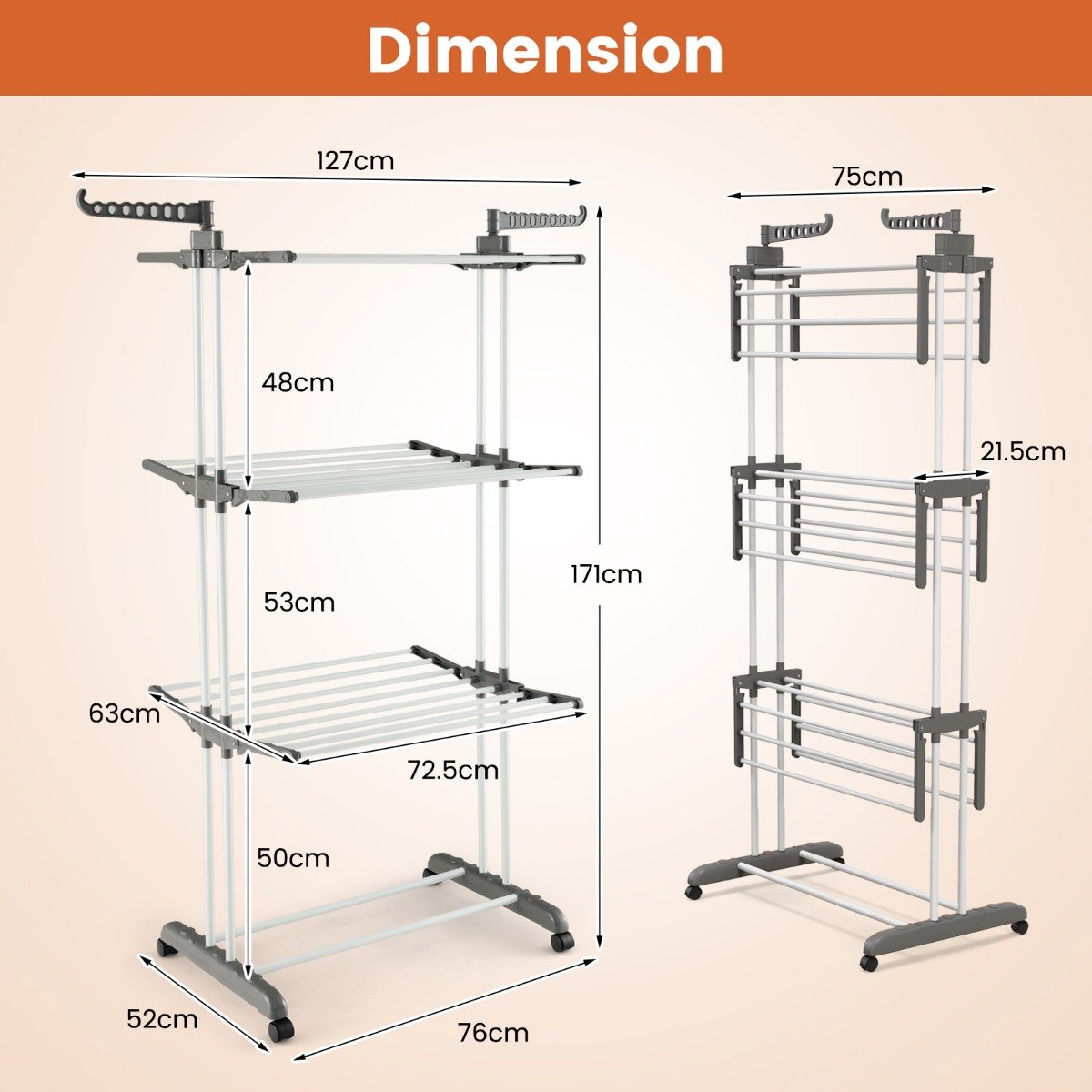 4-Tier Foldable Airer Clothes Drying Rack with Wings and Casters-Blue