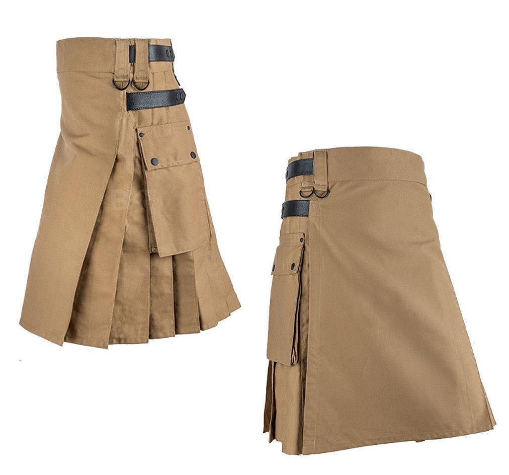 Khaki Men Utility Active Men Sports Kilt with leather straps