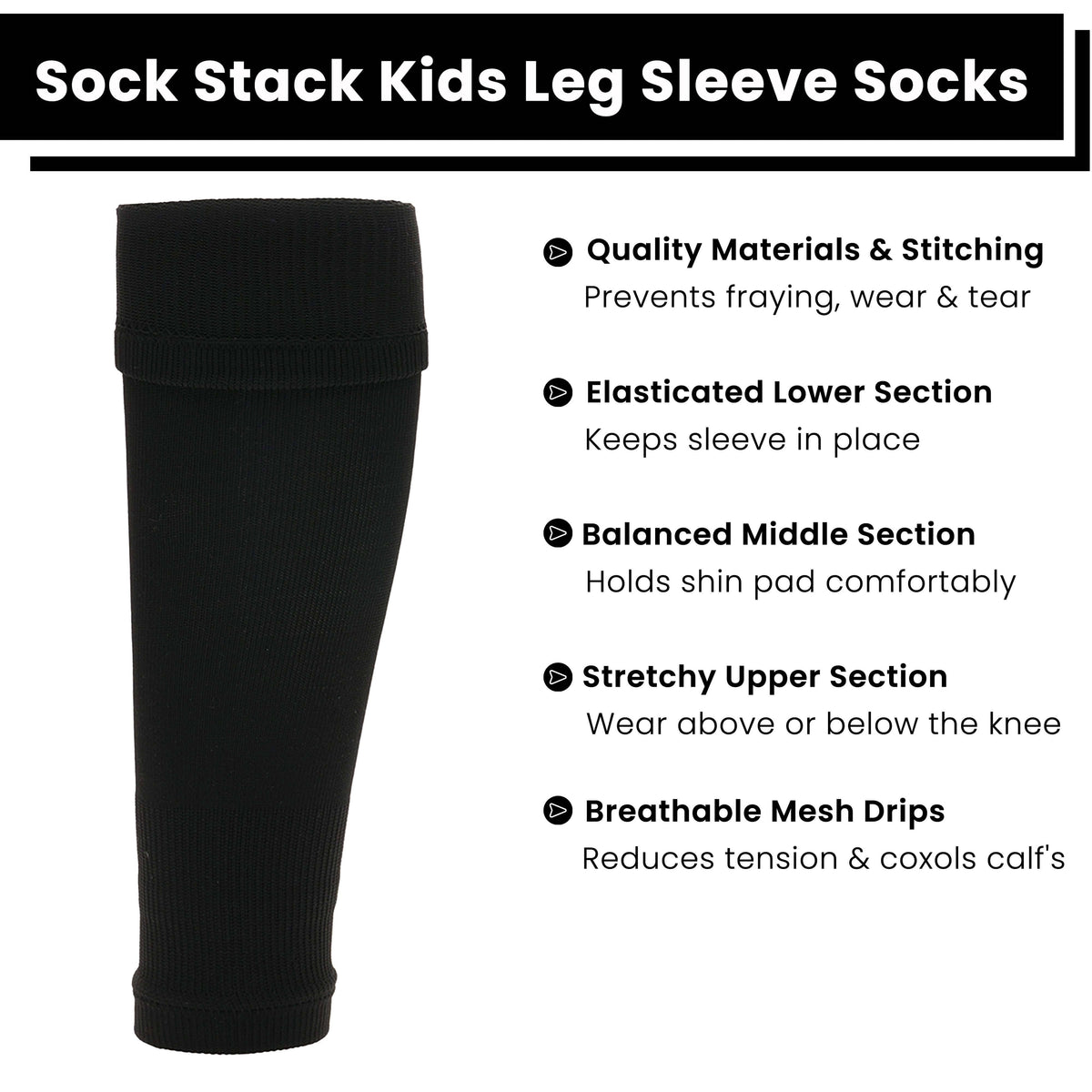 Sock Stack Kids Leg Sleeve Socks Black Over-Calf Compression Sleeves Breathable Moisture-Wicking