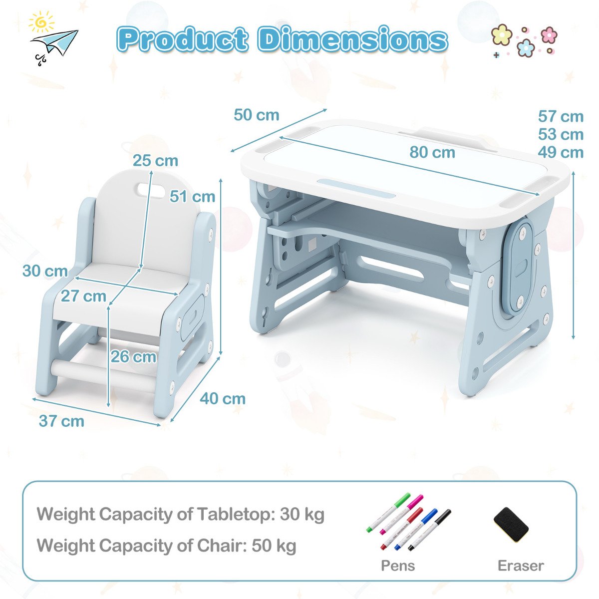 Kids Table and Chair Set with Tiltable Whiteboard and Book Stand-Blue