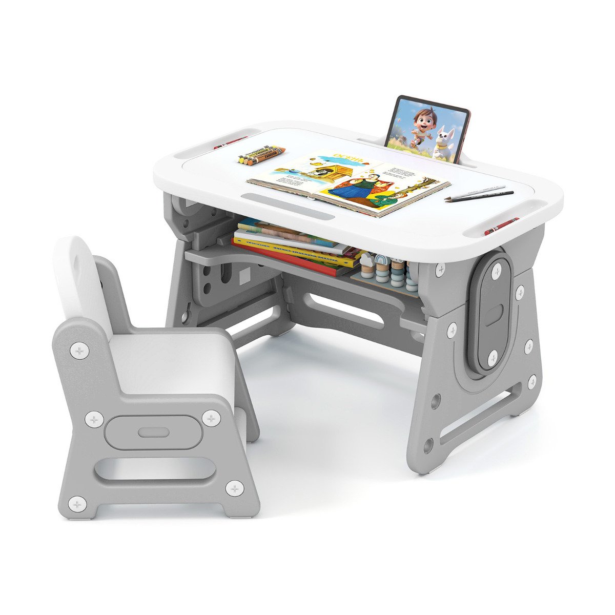 Kids Table and Chair Set with Tiltable Whiteboard and Book Stand-Blue