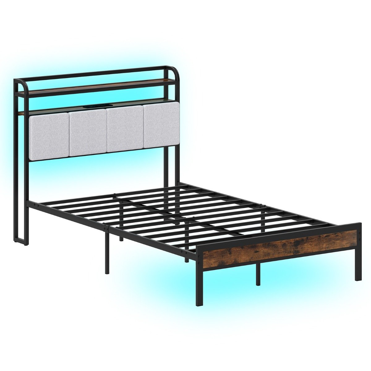 King Size Double Size Bed Frame with LED Light and Charging Station-Single Size