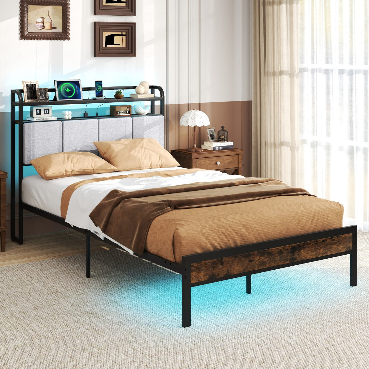 King Size Double Size Bed Frame with LED Light and Charging Station-Single Size