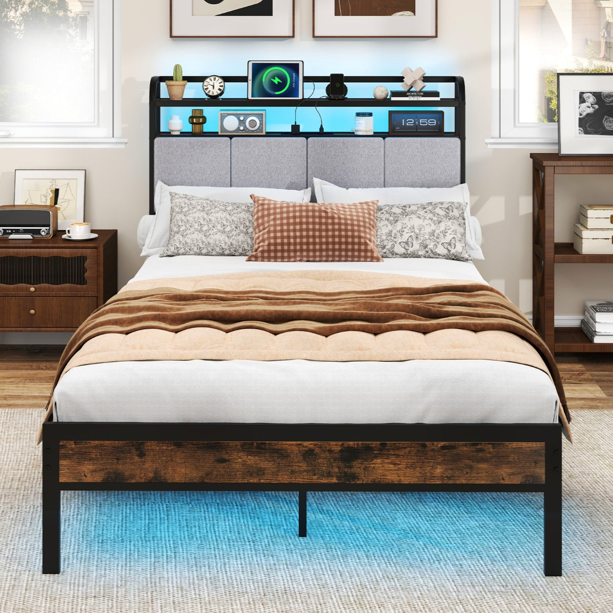 King Size Double Size Bed Frame with LED Light and Charging Station-Single Size