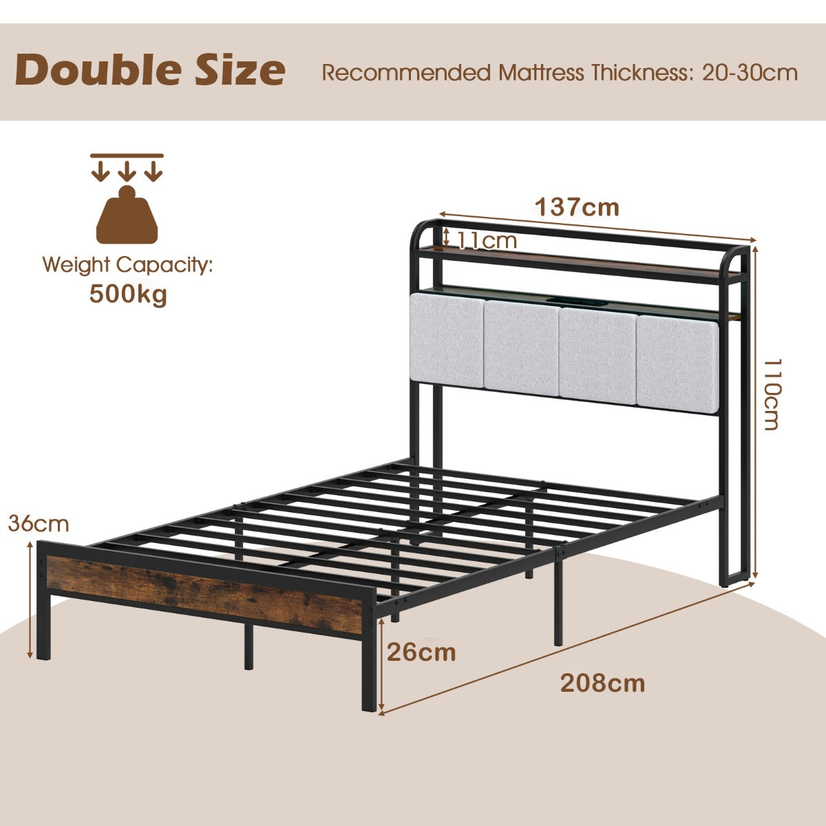 King Size Double Size Bed Frame with LED Light and Charging Station-Single Size