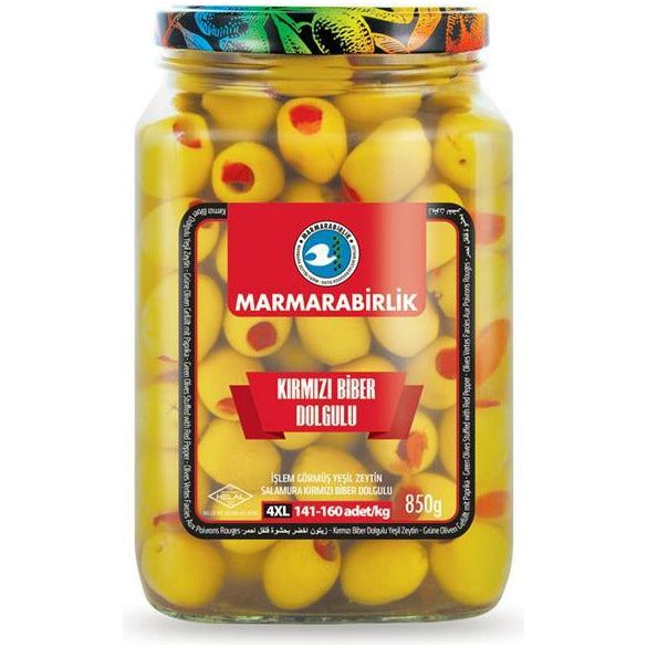 Marmarabirlik Green Olives Stuffed Pep 4XL 850 Gr (Kirmizi Biber Dolgulu Zeytin)