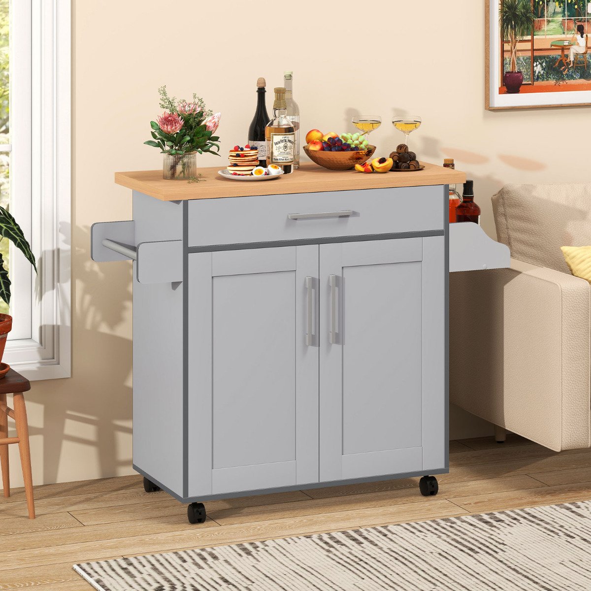 Kitchen Island Cart with Storage and Adjustable Shelf-Black