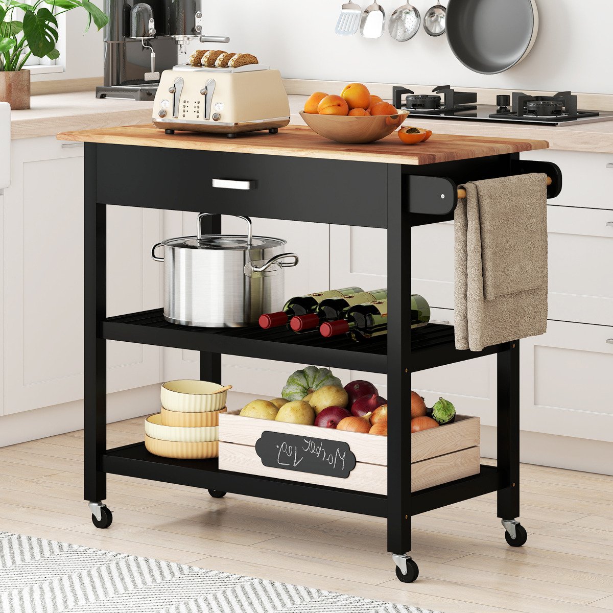 Kitchen Island with Open Shelves and Lockable Casters-Black