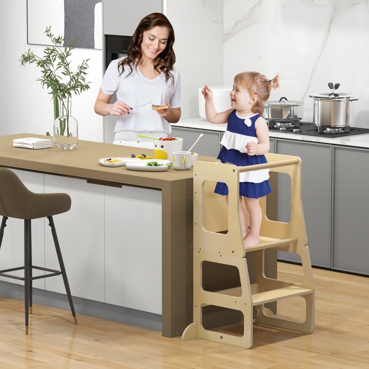 3-in-1 Foldable Kitchen Standing Tower for Toddlers with Chalkboard, Weaning Table-Natural