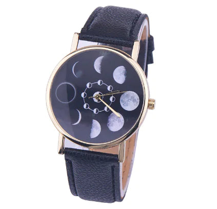 "Moon Phase Surface Watch with Leather Strap"
