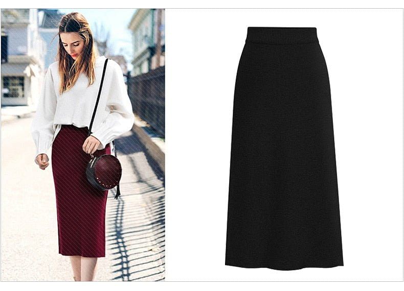 Knit Pencil Skirt Women Plus Size High Waist Skirts Womens Knited Split Midi Skirt Women Aut