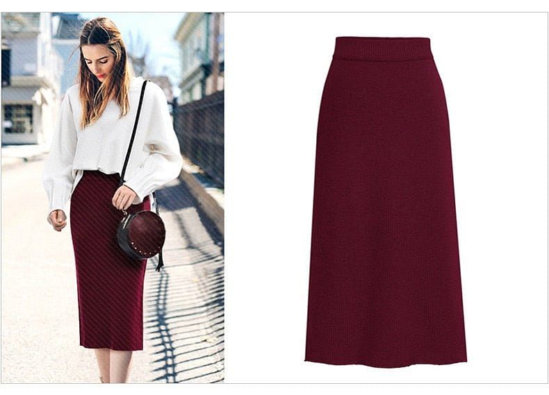 Knit Pencil Skirt Women Plus Size High Waist Skirts Womens Knited Split Midi Skirt Women Aut