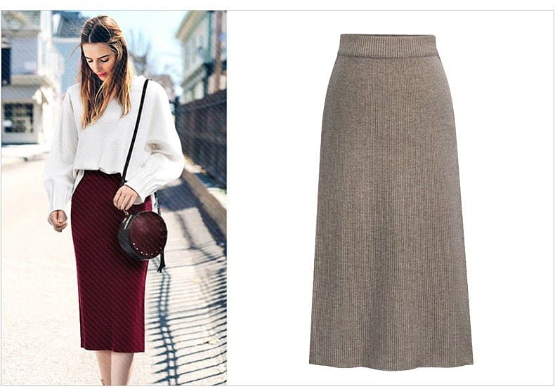 Knit Pencil Skirt Women Plus Size High Waist Skirts Womens Knited Split Midi Skirt Women Aut