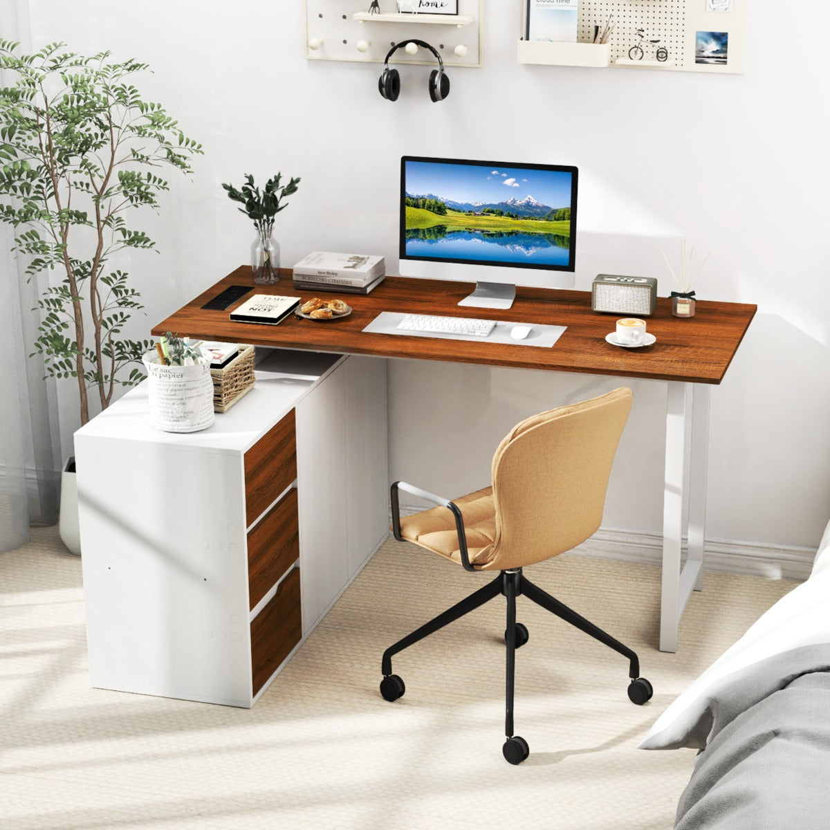 L-Shaped Desk with File Cabinet and Power Outlet-Black and Brown