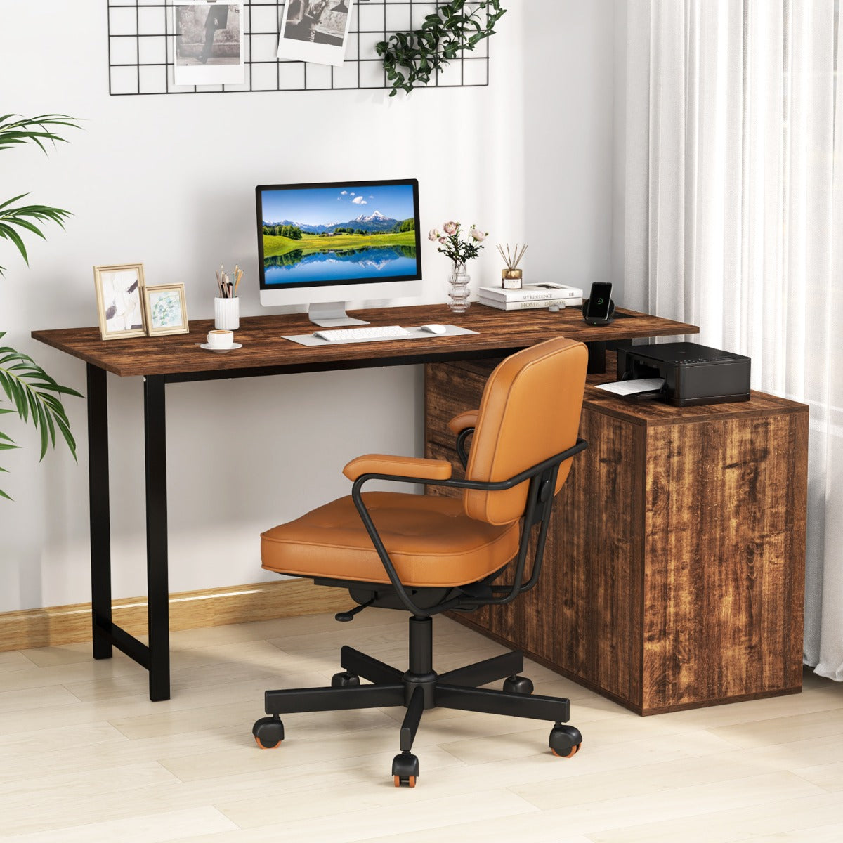 L-Shaped Desk with File Cabinet and Power Outlet-Black and Brown