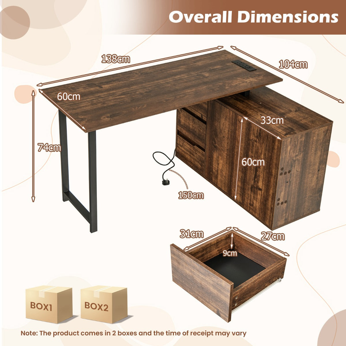 L-Shaped Desk with File Cabinet and Power Outlet-Black and Brown