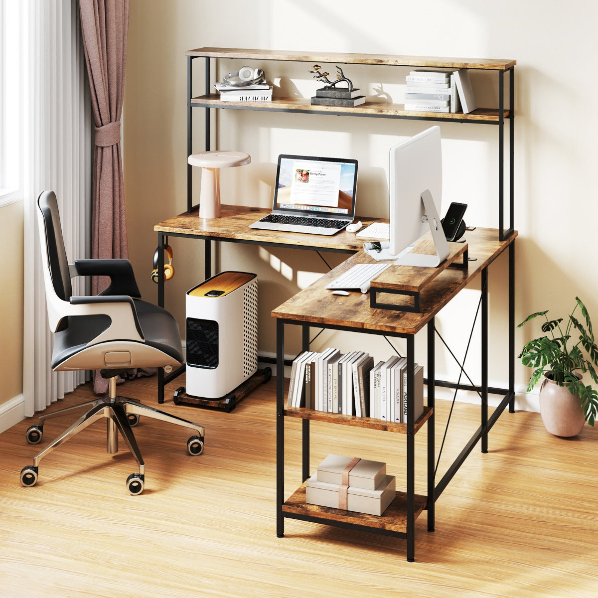 L-Shaped Gaming Desk with LED Strip and Power Outlets-Rustic Brown