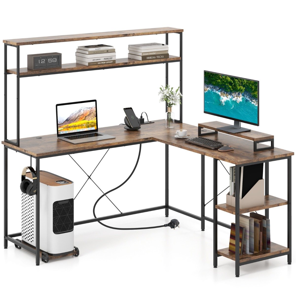 L-Shaped Gaming Desk with LED Strip and Power Outlets-Rustic Brown