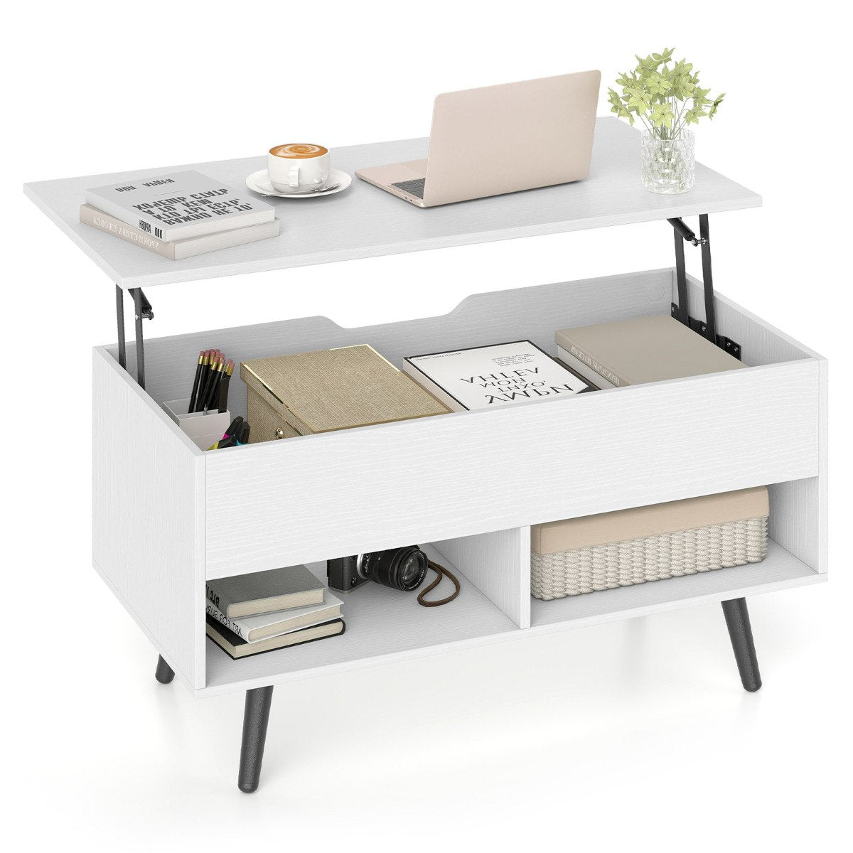 Lift Top Coffee Table with Hidden Compartment and Open Storage Shelves-Natural