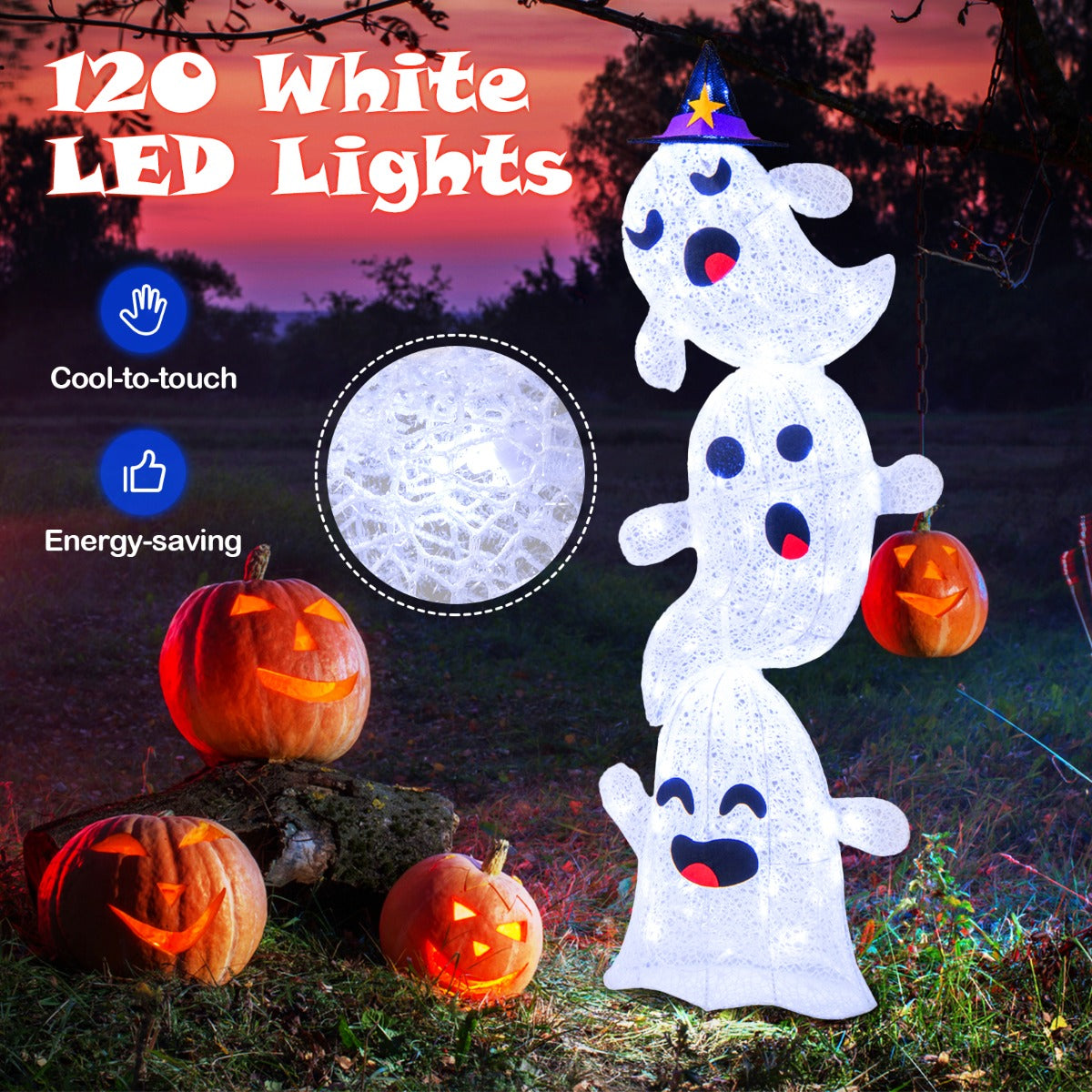 4 FT Lighted Stacked Ghosts with 120 LED Lights and 4 Metal Ground Stakes