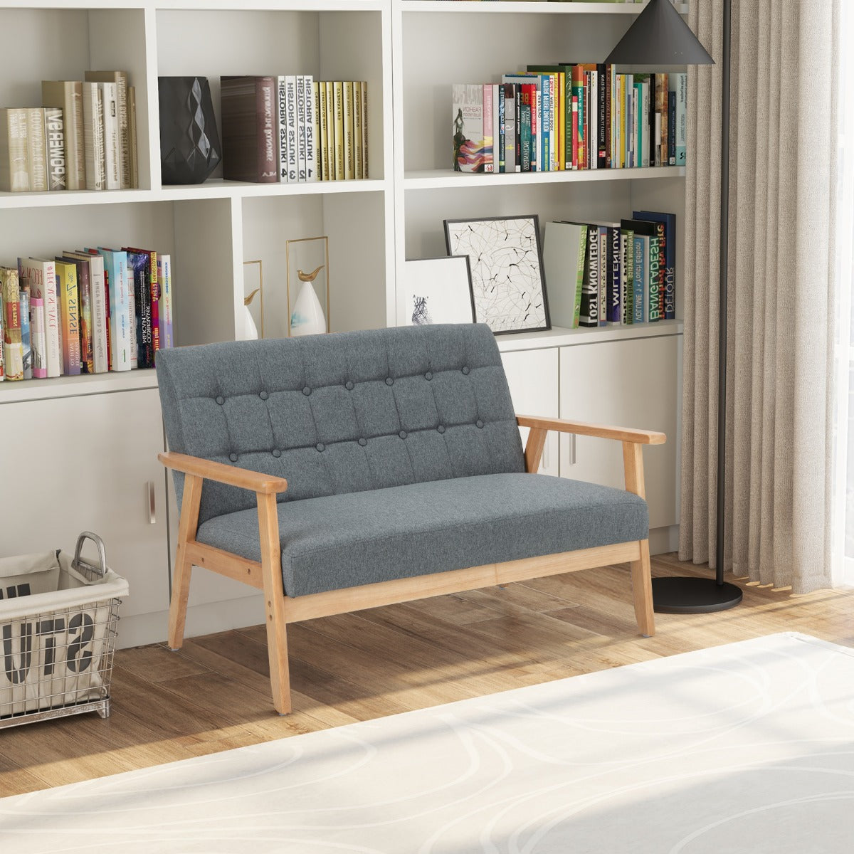 2-seat Cushioned Couch with Rubber Wood Frame and Classic Tufted Design-Grey