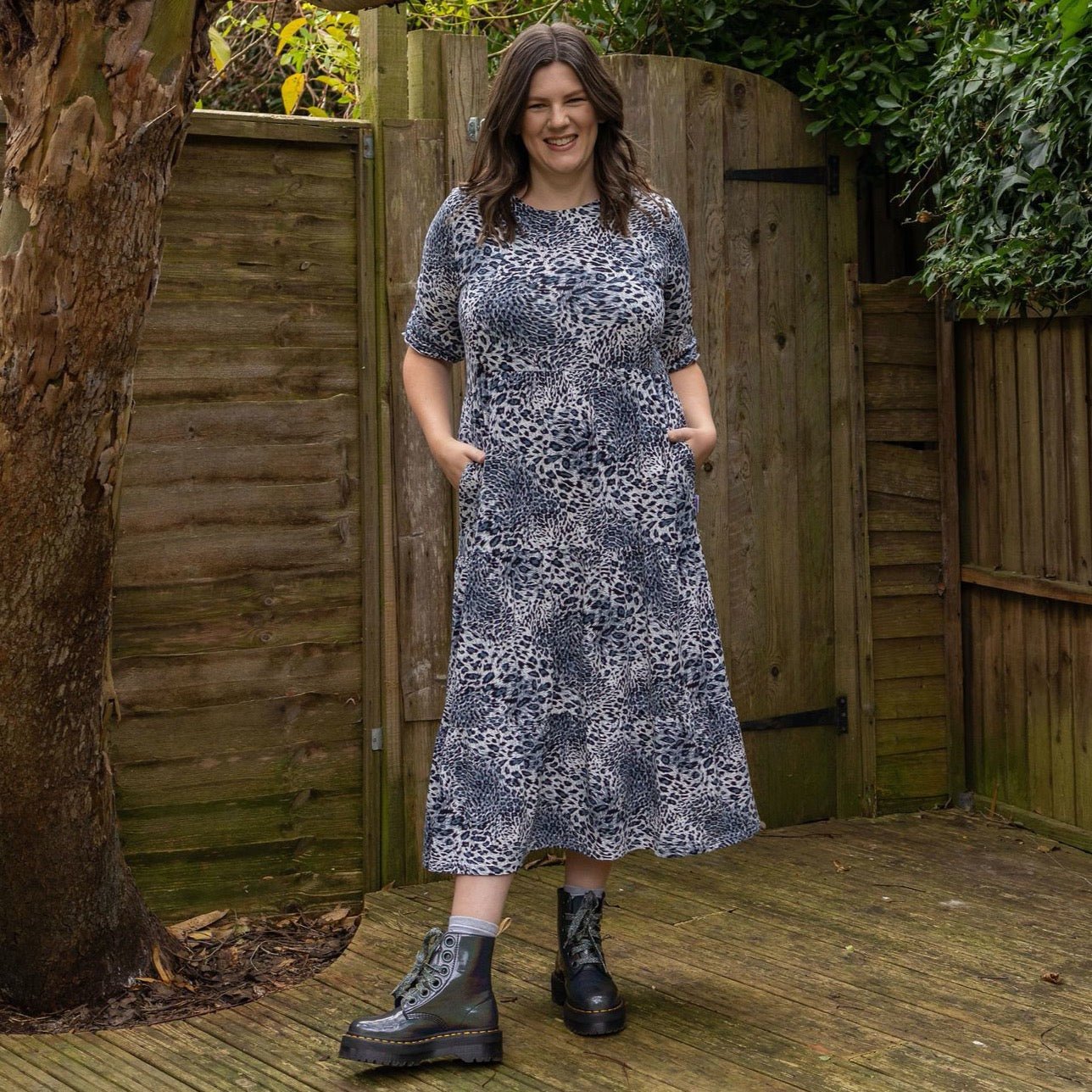 Grey Leopard Cotton Breastfeeding Midi Dress - Discreet Nursing Access | MilkyMoon