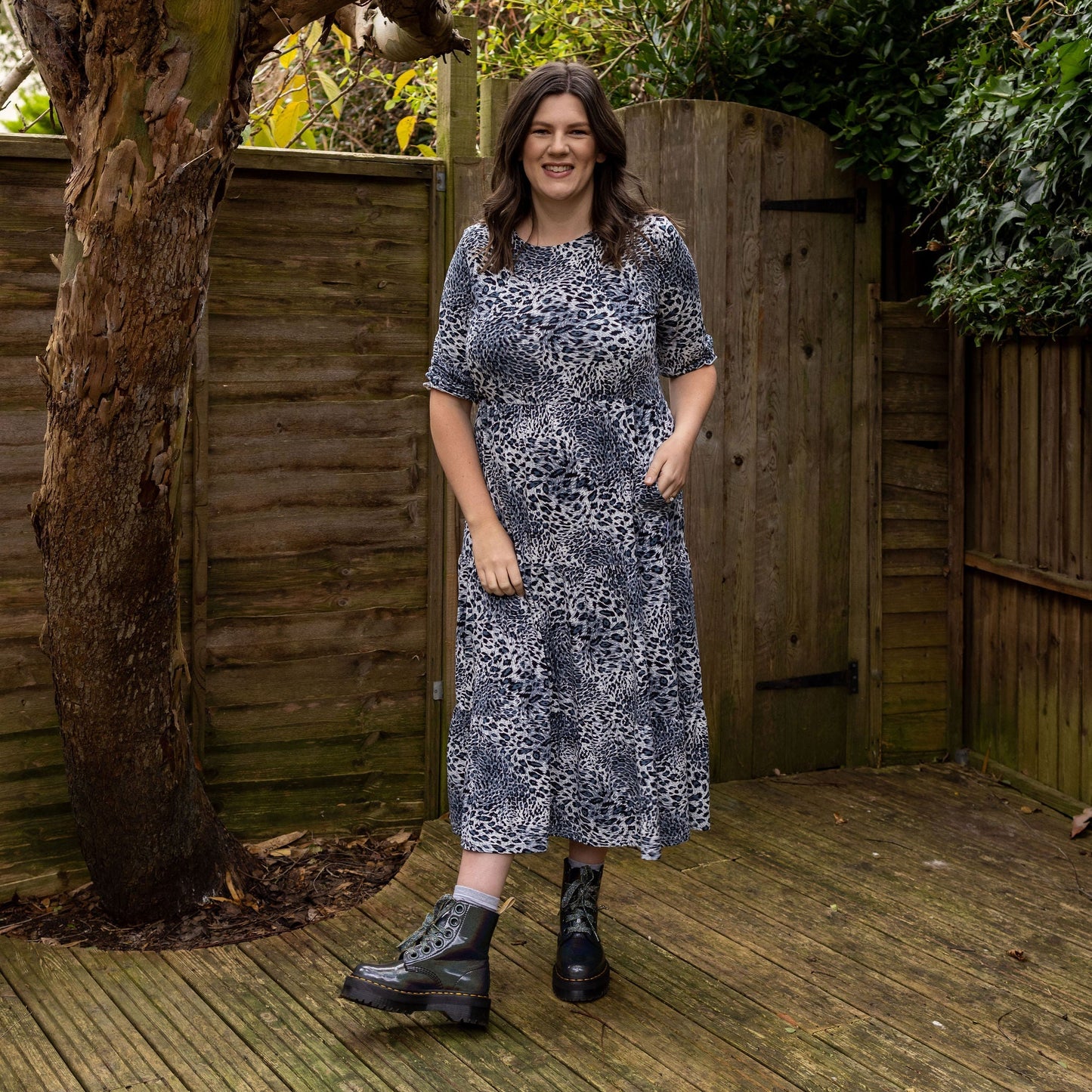 Grey Leopard Cotton Breastfeeding Midi Dress - Discreet Nursing Access | MilkyMoon