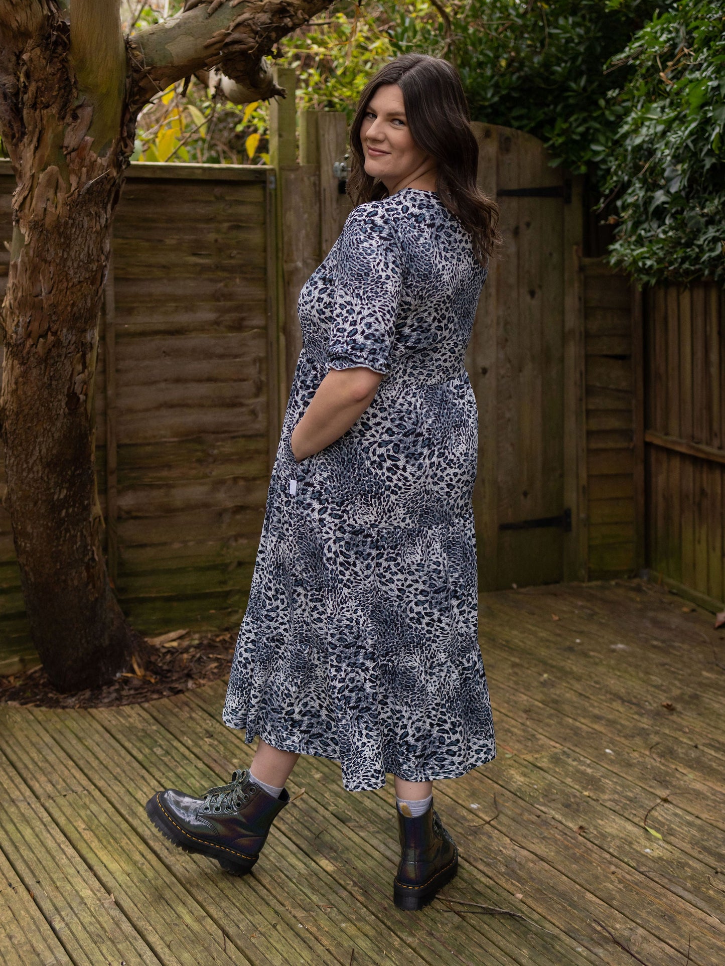 Grey Leopard Cotton Breastfeeding Midi Dress - Discreet Nursing Access | MilkyMoon