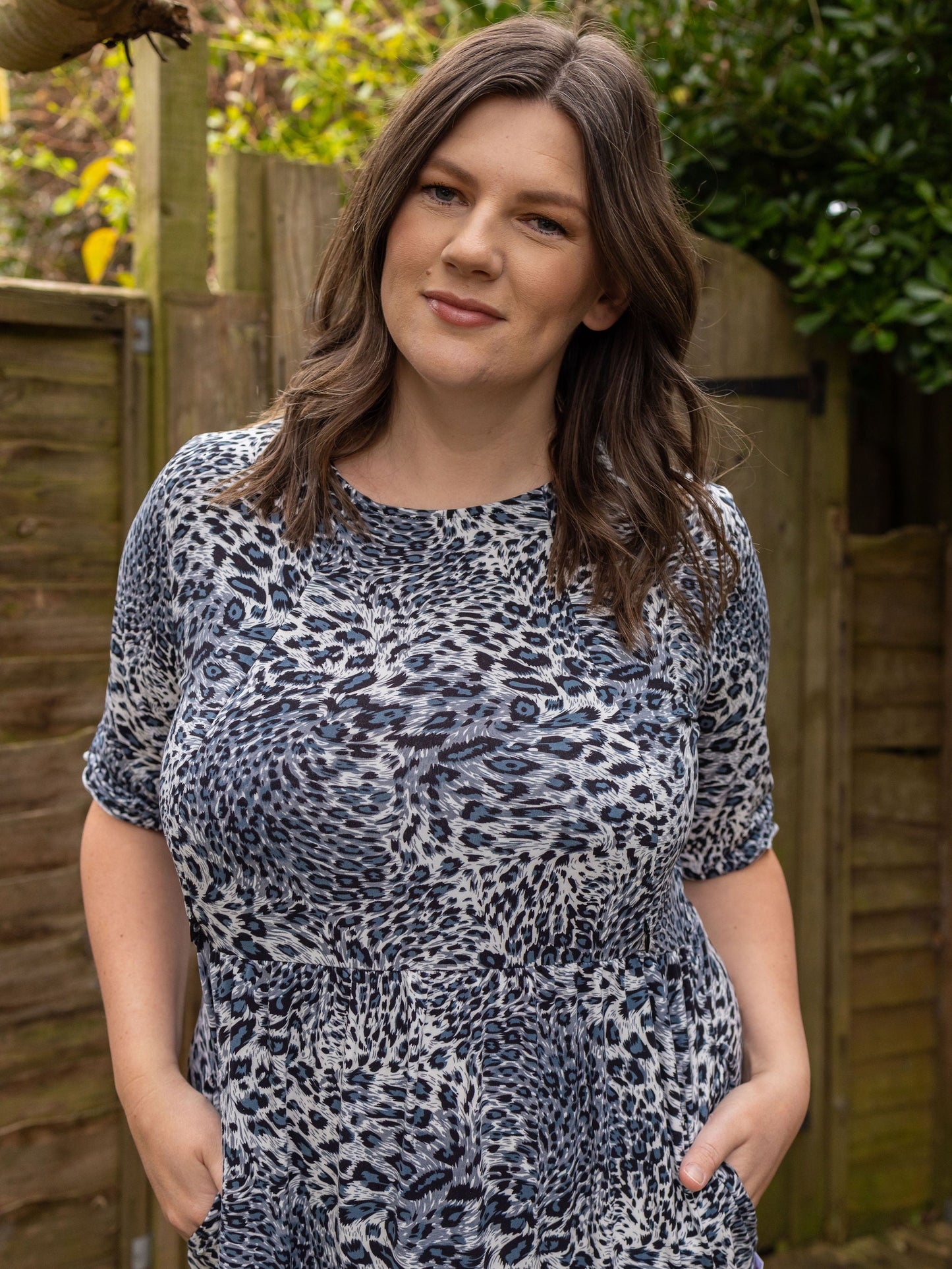 Grey Leopard Cotton Breastfeeding Midi Dress - Discreet Nursing Access | MilkyMoon