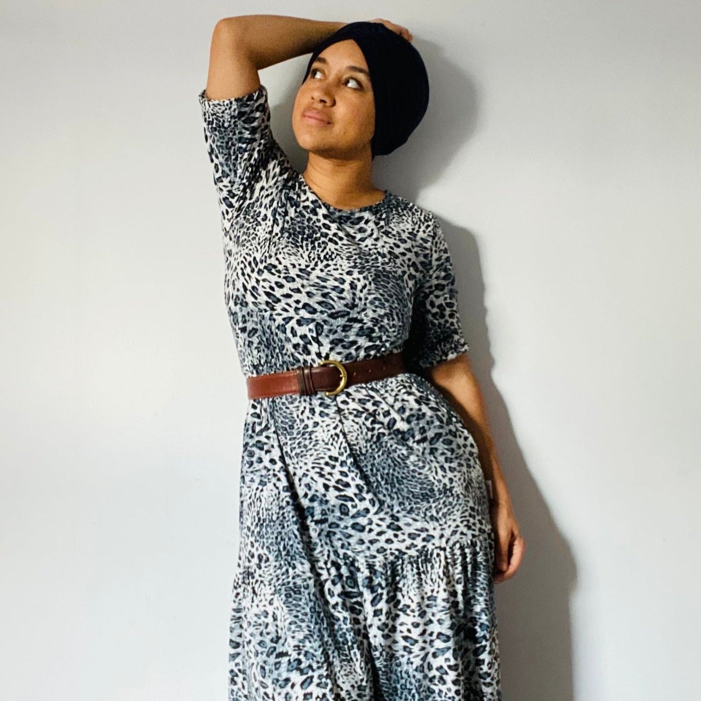 Grey Leopard Cotton Breastfeeding Midi Dress - Discreet Nursing Access | MilkyMoon