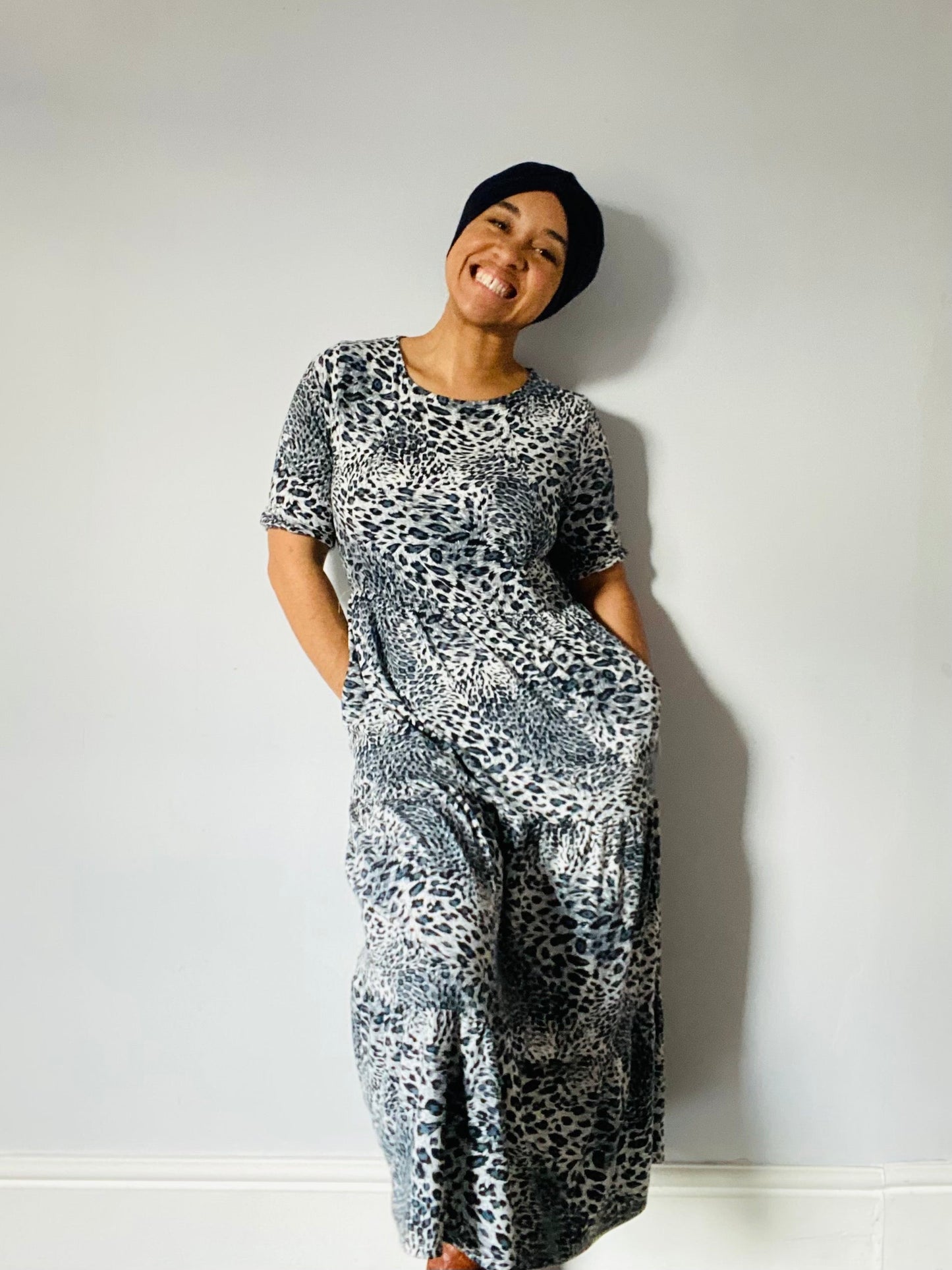 Grey Leopard Cotton Breastfeeding Midi Dress - Discreet Nursing Access | MilkyMoon