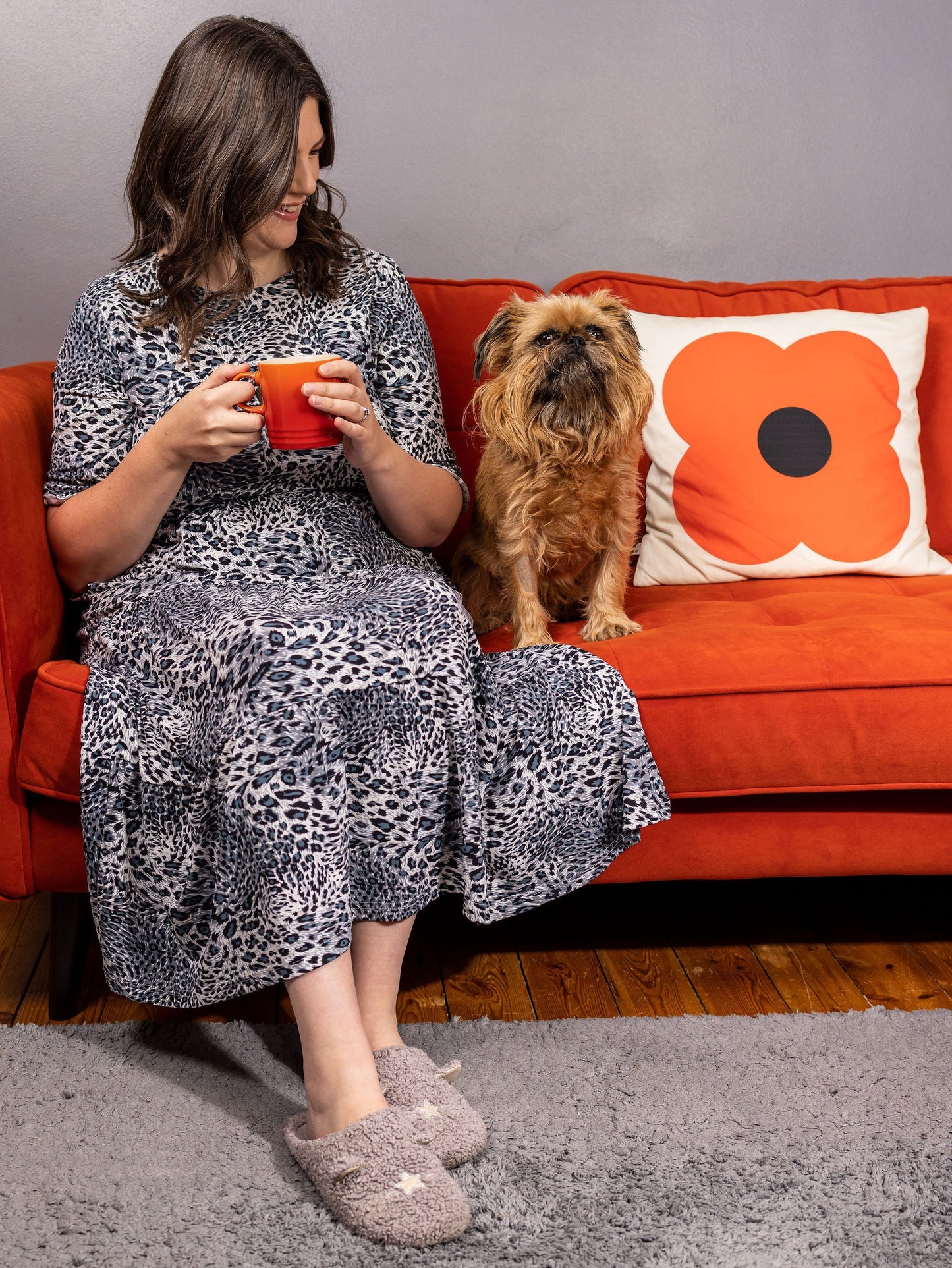 Grey Leopard Cotton Breastfeeding Midi Dress - Discreet Nursing Access | MilkyMoon