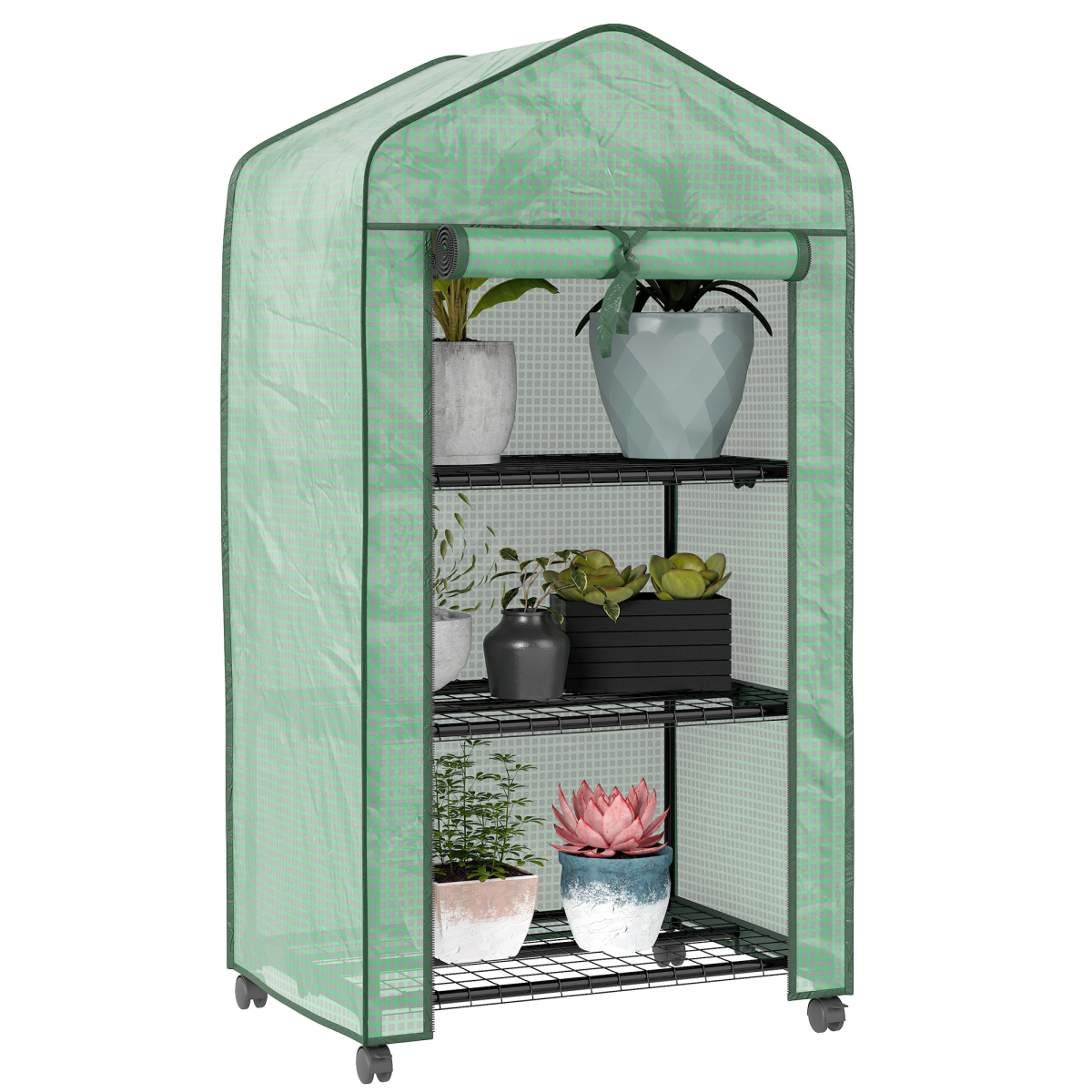 Outsunny Portable Mini Greenhouse with Roll-up Door and Wheels, Green