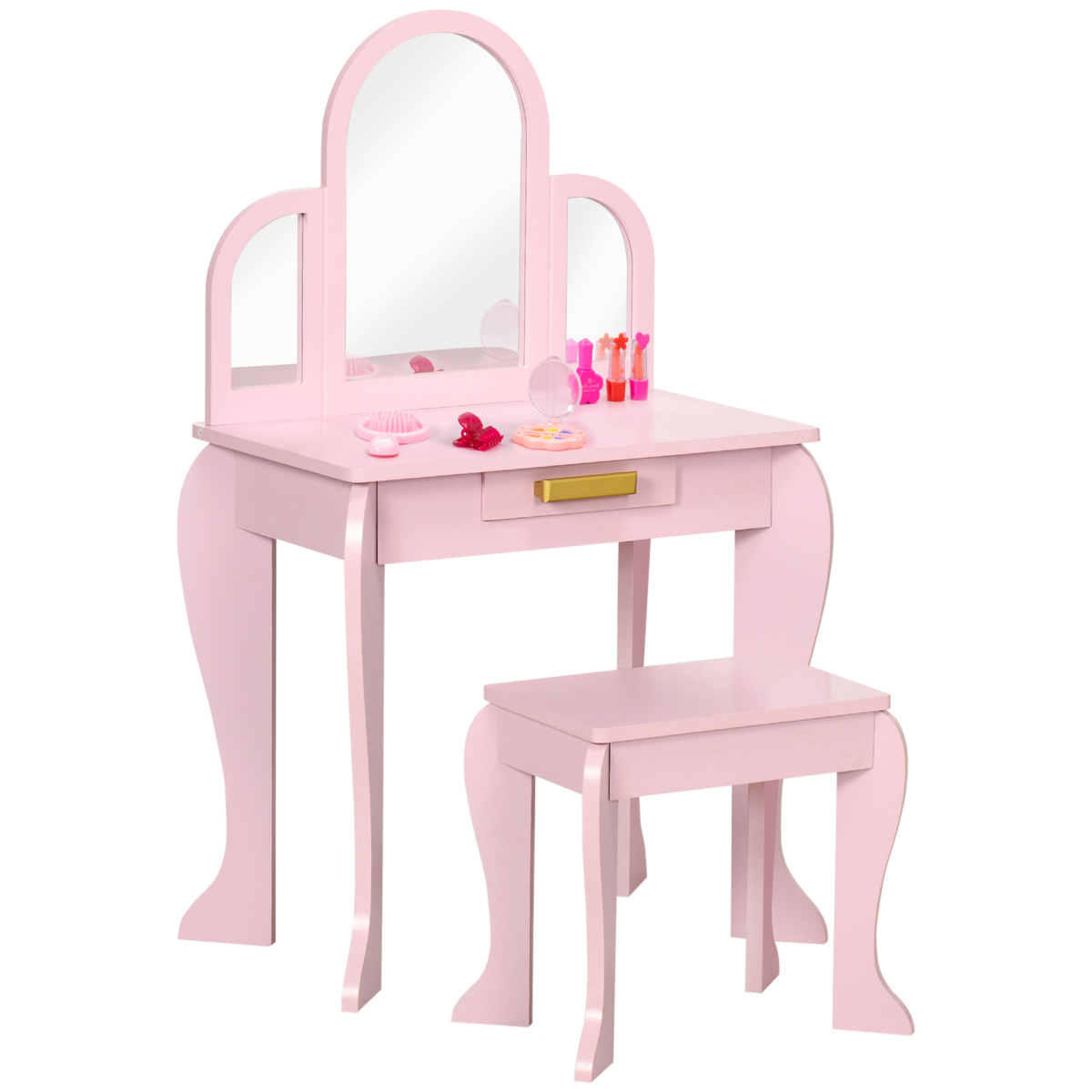 Kids Dressing Table and Stool w/ Mirror and Drawer, for Ages 3-6 Years - Pink