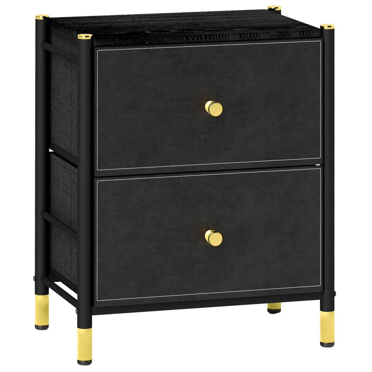 HOMCOM PU Leather Bedside Table with 2 Drawers and Steel Legs, Black