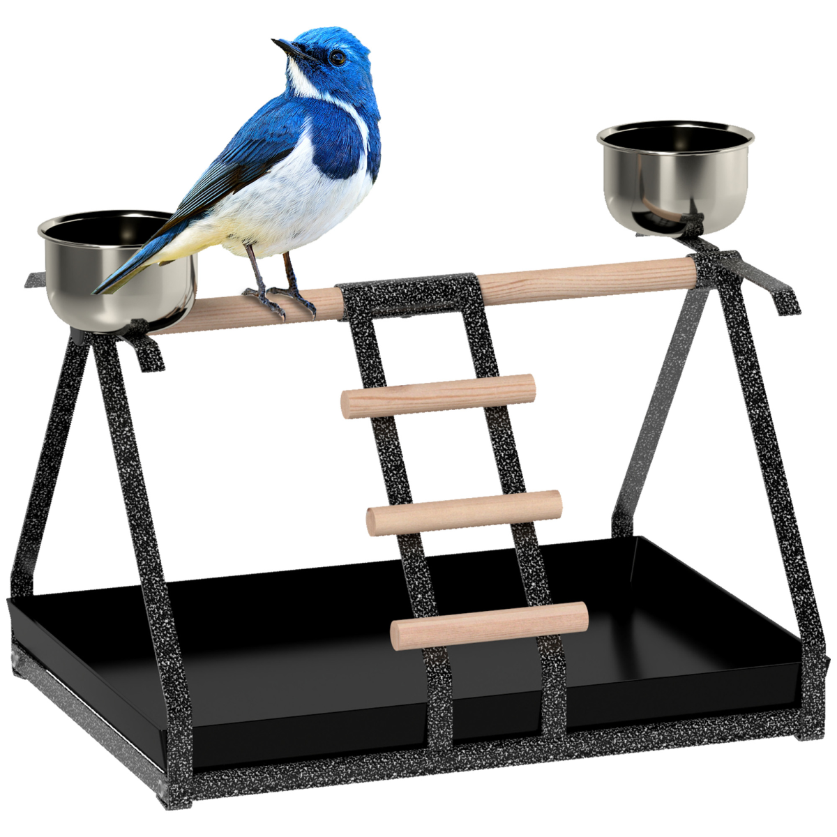 Portable Bird Stand Resting Stainless Steel Base Perch Ladder Bowls