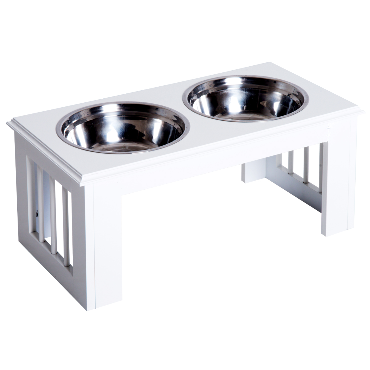 Raised Pet Feeder Elevated Double Staninless Steel Bowls Stand Water White