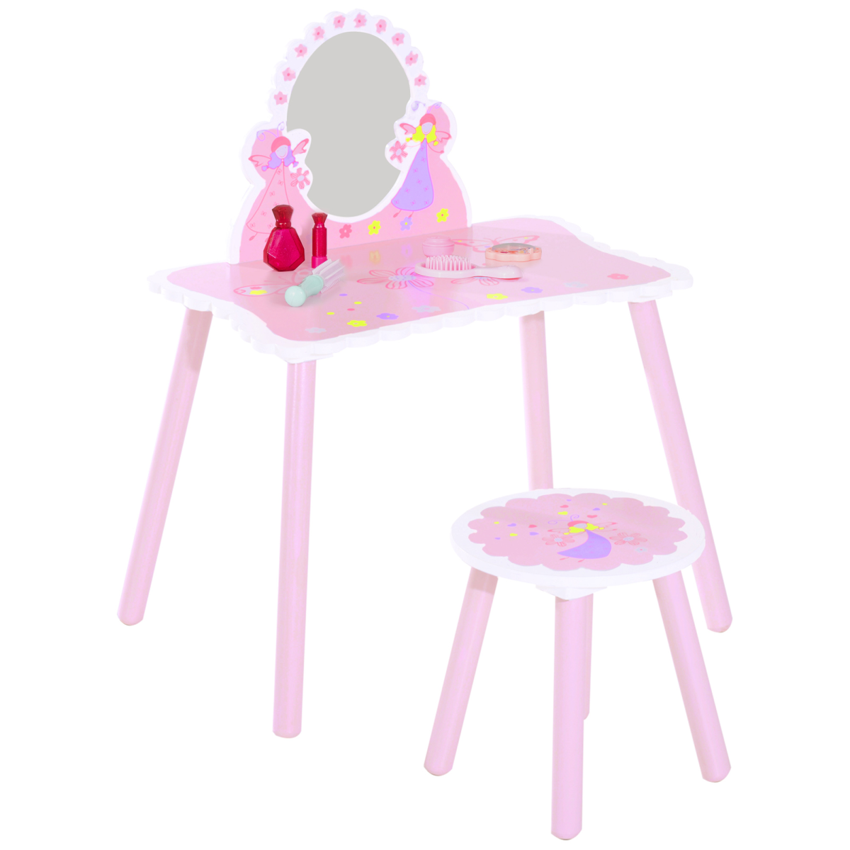 Girls Kids Pink Dressing Table Make Up Play Set Desk Chair Mirror HOMCOM