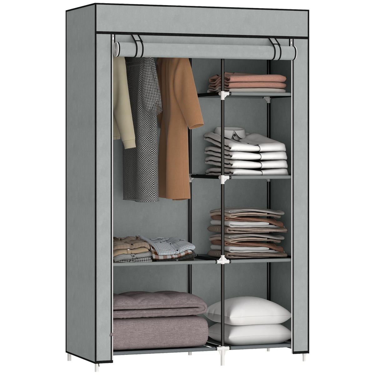 Fabric Wardrobe Portable Wardrobe with 6 Shelves 1 Hanging Rail Light Grey