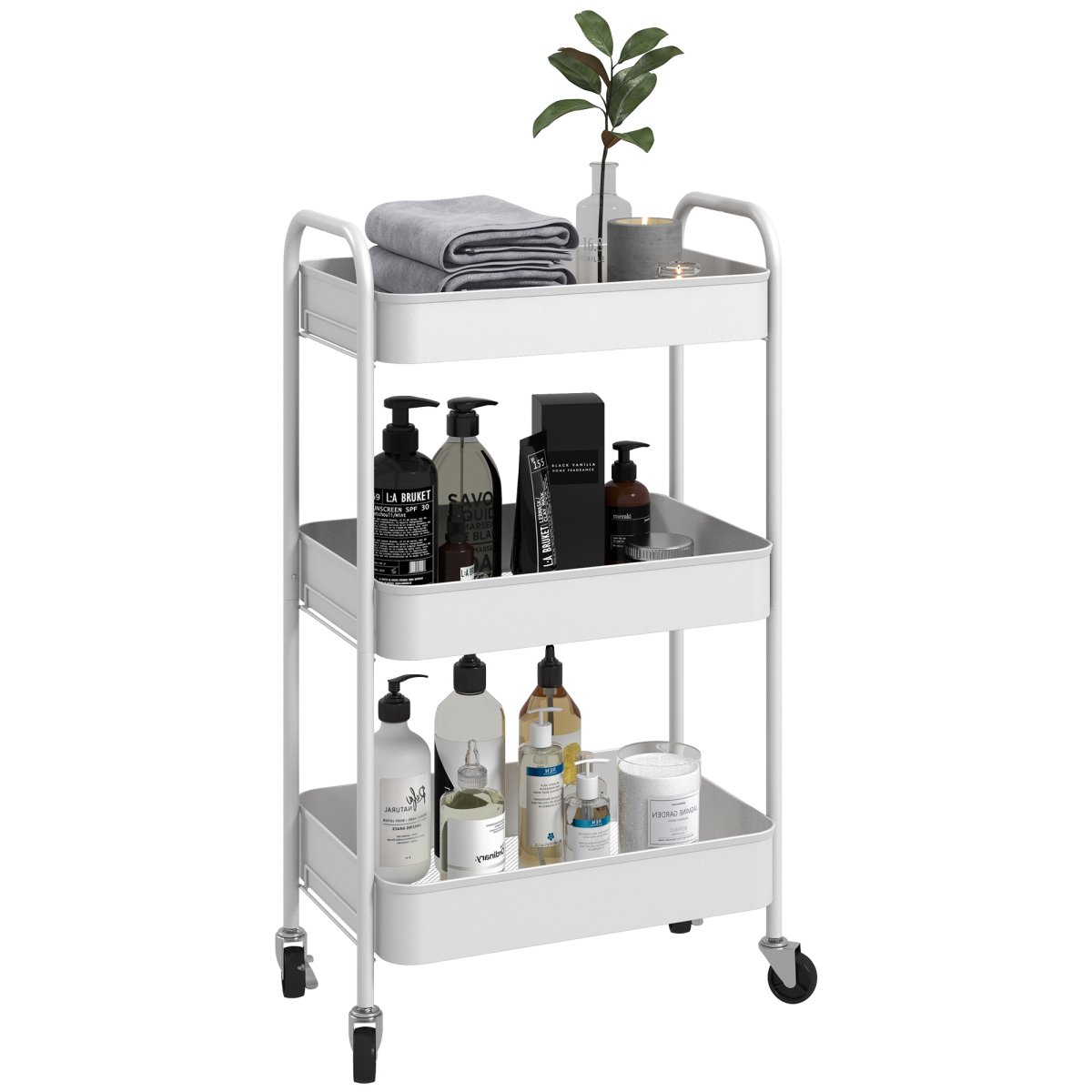 HOMCOM 3 Tier Rolling Utility Cart with 3 Mesh Basket, White